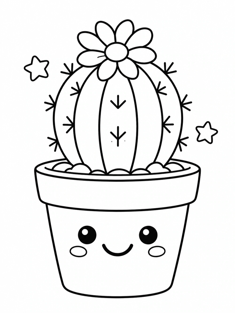Black-and-white coloring page of a spiny cactus with a flower in a smiling flowerpot and two stars