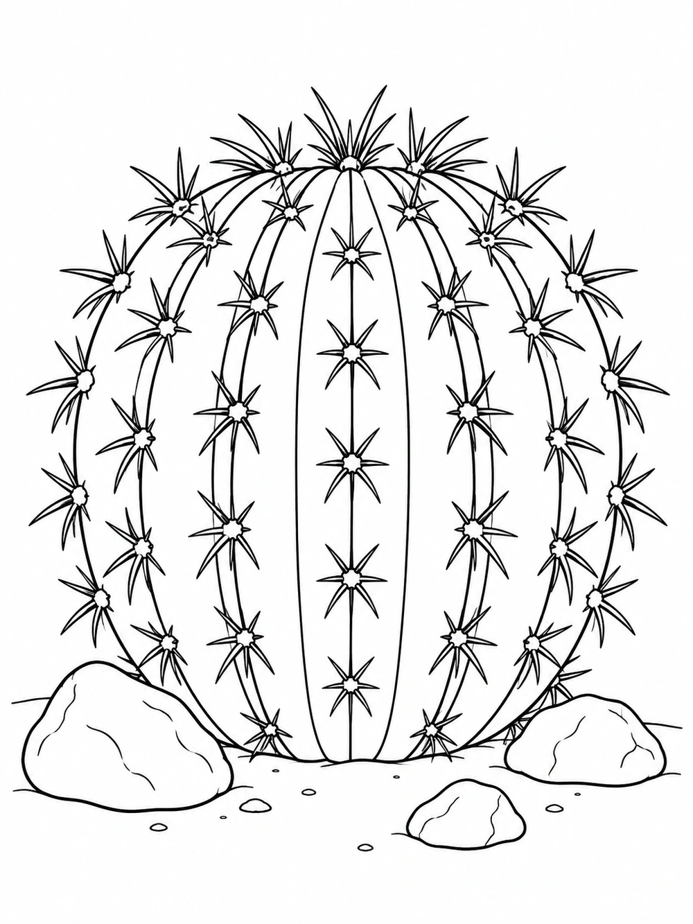 Large ribbed barrel cactus with spine clusters and three rocks on a white coloring page