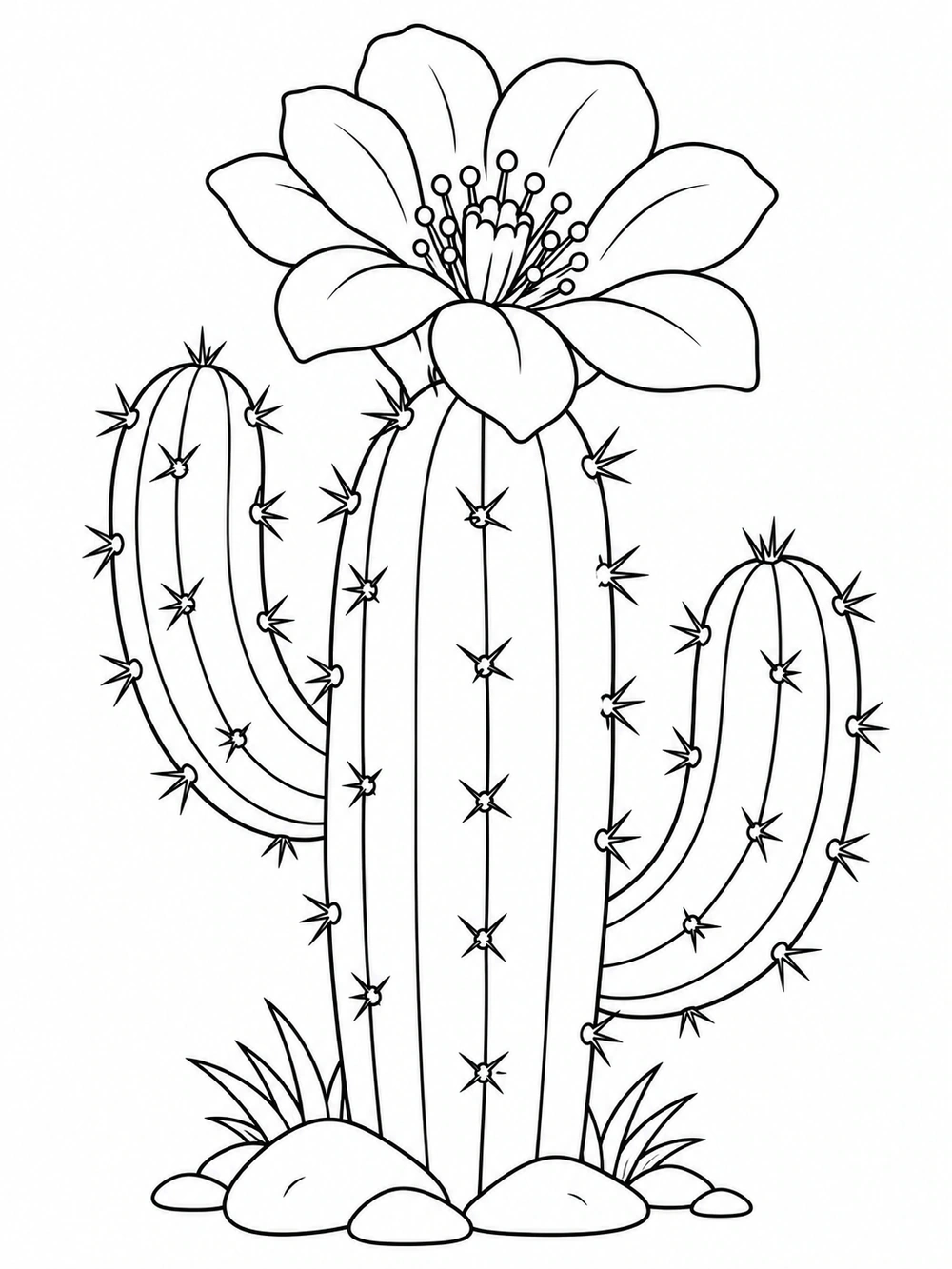 Black-and-white coloring page of a branching cactus with a large open flower, small spines, and a few rocks and grasses at its base.