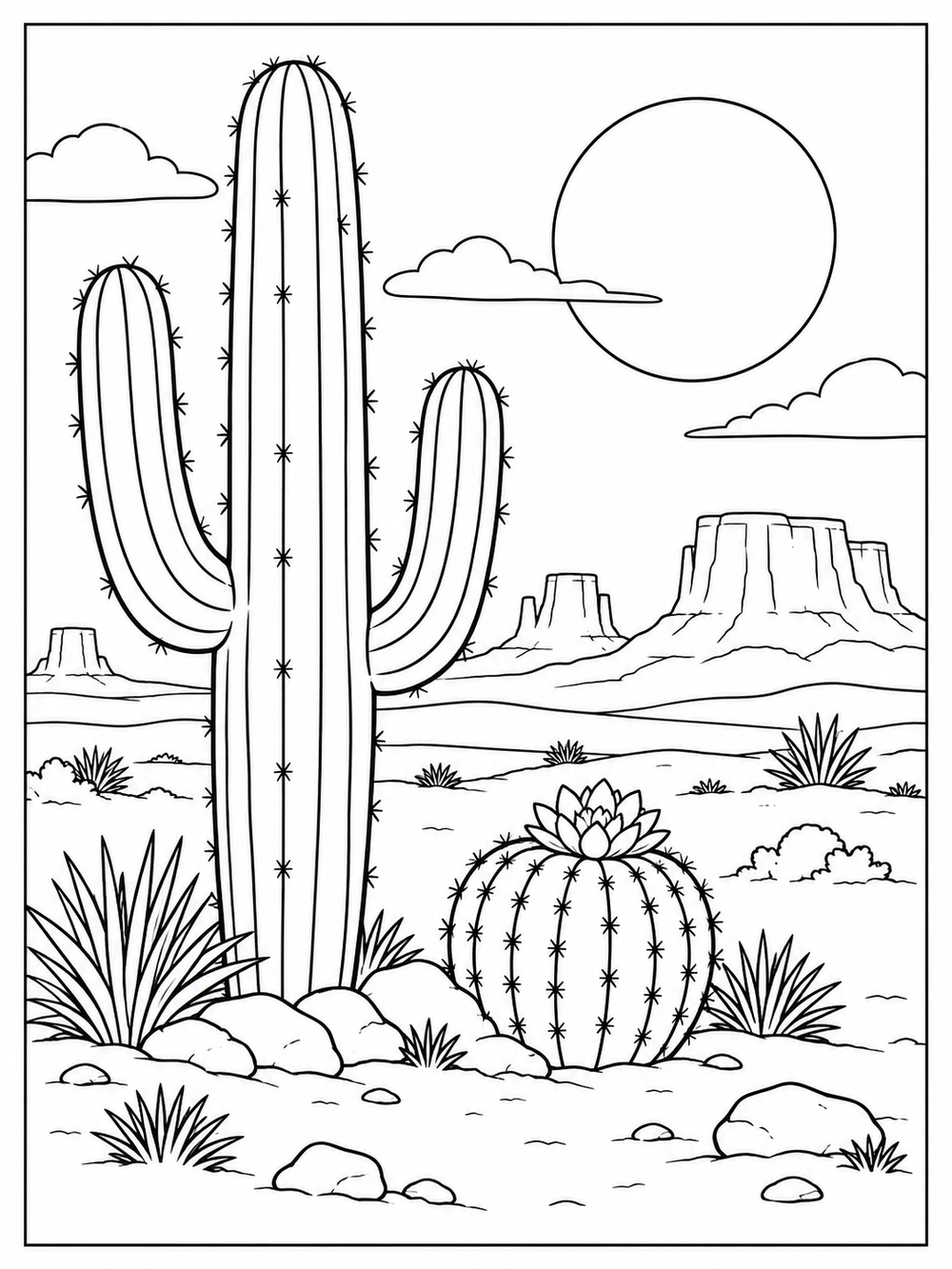 Black-and-white desert coloring page with a tall saguaro, round cactus, mesas, and sun