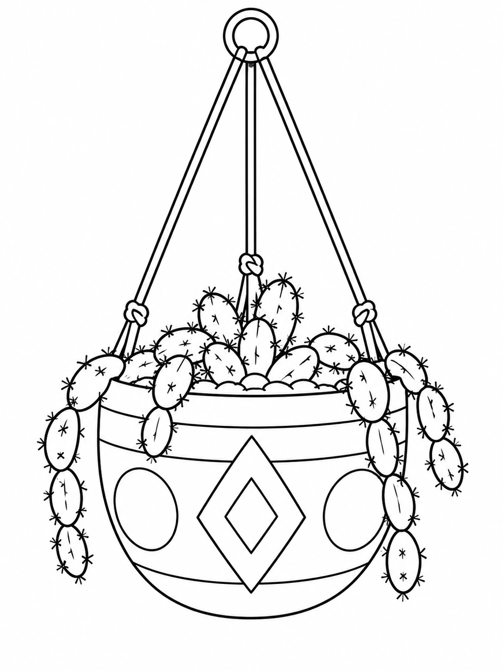 Black-and-white coloring page of a trailing cactus in a geometric hanging pot suspended by three cords