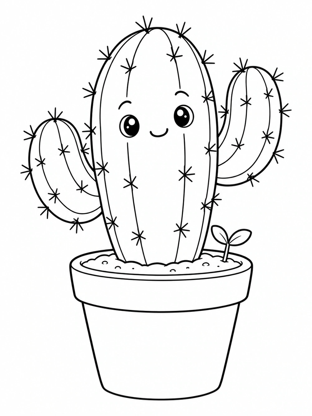 Smiling young cactus with rounded arms in a pot, beside a tiny sprout, as black-and-white coloring page art