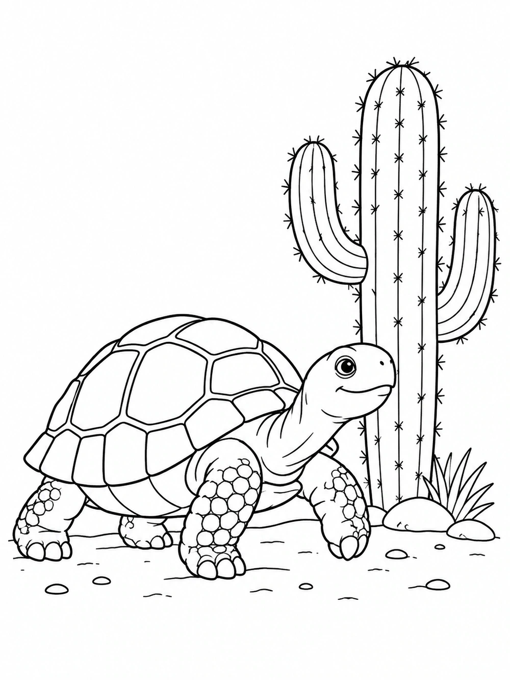 Black-and-white coloring page showing a segmented-shell desert tortoise walking beside a tall cactus, grass, and a ground line.