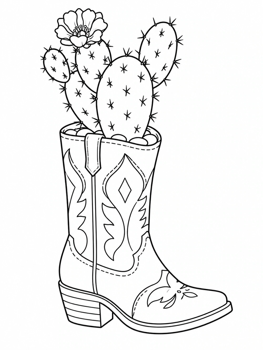 Flowering cactus planted in a decorated cowboy boot coloring page