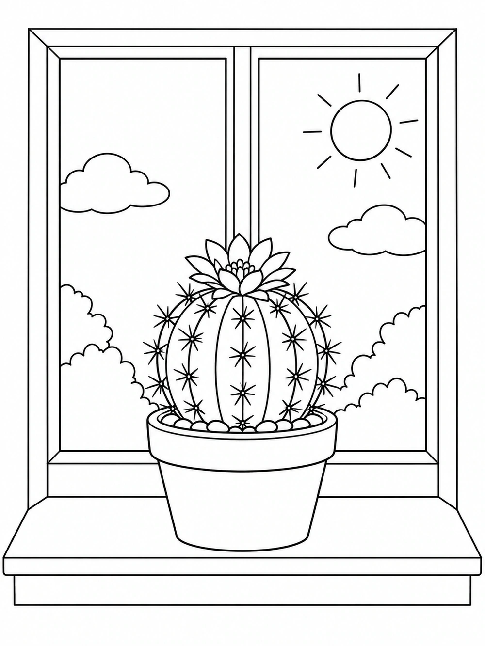 Round potted cactus on a broad windowsill, framed by a two-pane window with clouds and a sun outside.