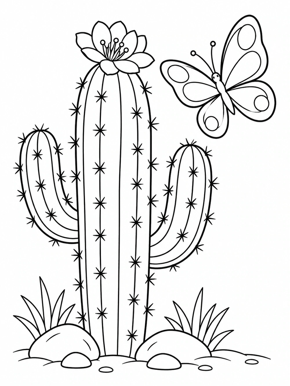 Black-and-white coloring page with a flowering saguaro cactus and a broad-winged butterfly hovering beside it.