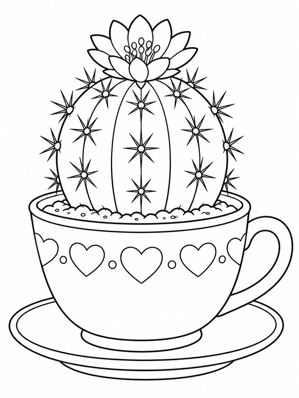 Round cactus growing in a heart-patterned teacup on a saucer, with a large flower on top.