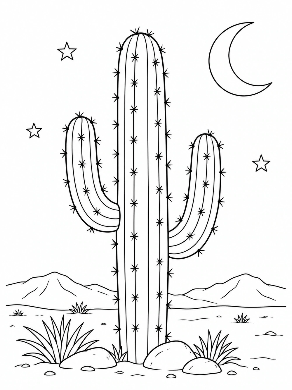 Black-and-white coloring page of a tall saguaro cactus, smaller desert plants and rocks, low mountains, a crescent moon, and three stars.