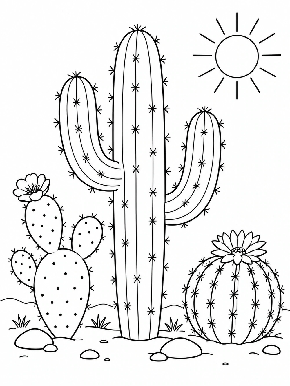 Black-and-white coloring page showing a branching cactus, a prickly pear, a round flowering cactus, a sun, and ground stones.