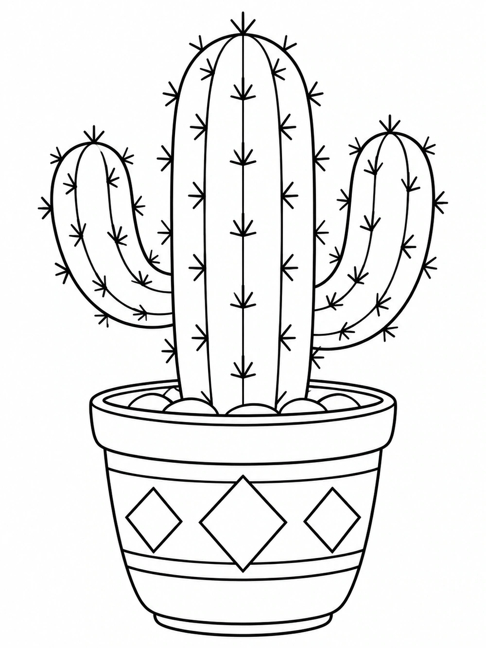 Black-and-white coloring page of a branching saguaro cactus with simple spine marks in a wide pot decorated with three large diamonds