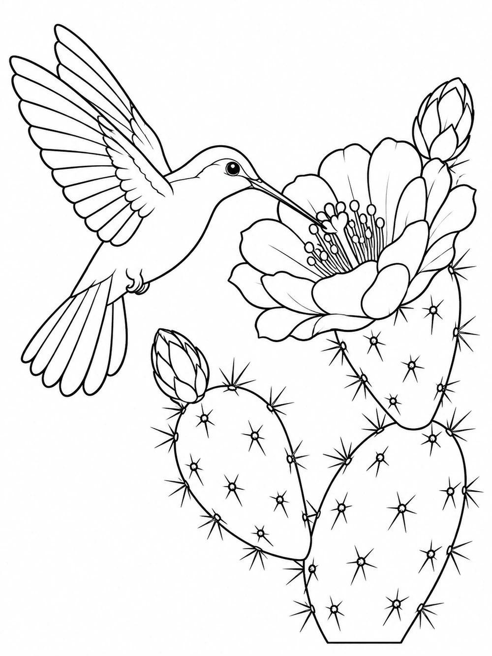 Hummingbird hovering beside a large cactus flower coloring page