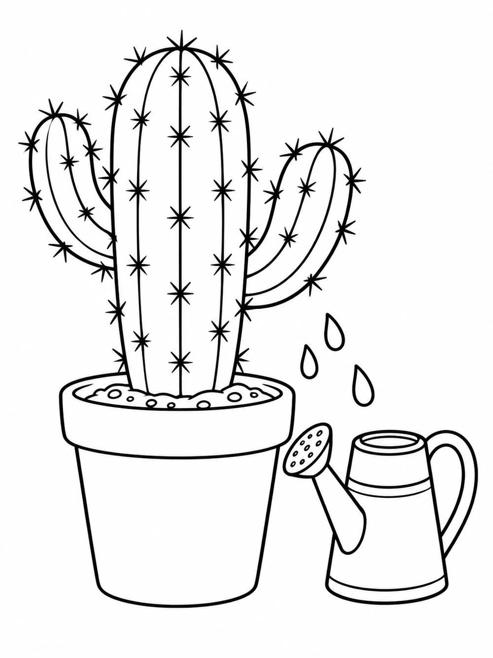 Black-and-white coloring page of a tall, spiny cactus in a flowerpot beside a watering can and water droplets.
