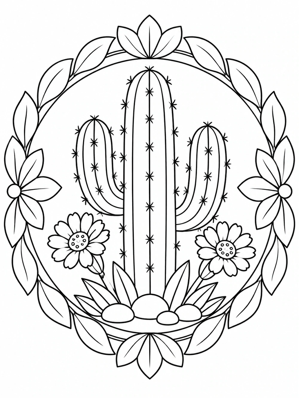 Black-and-white coloring page with a central saguaro cactus, two flowers, and a circular border of leaves and petals