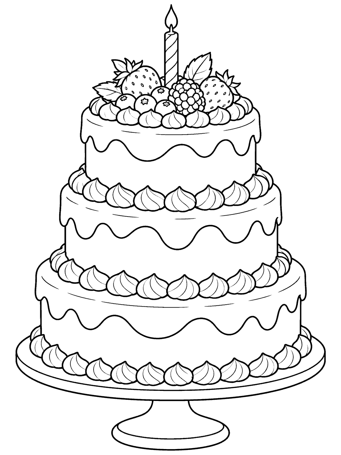 Three-layer cake with berries and a candle on a cake stand