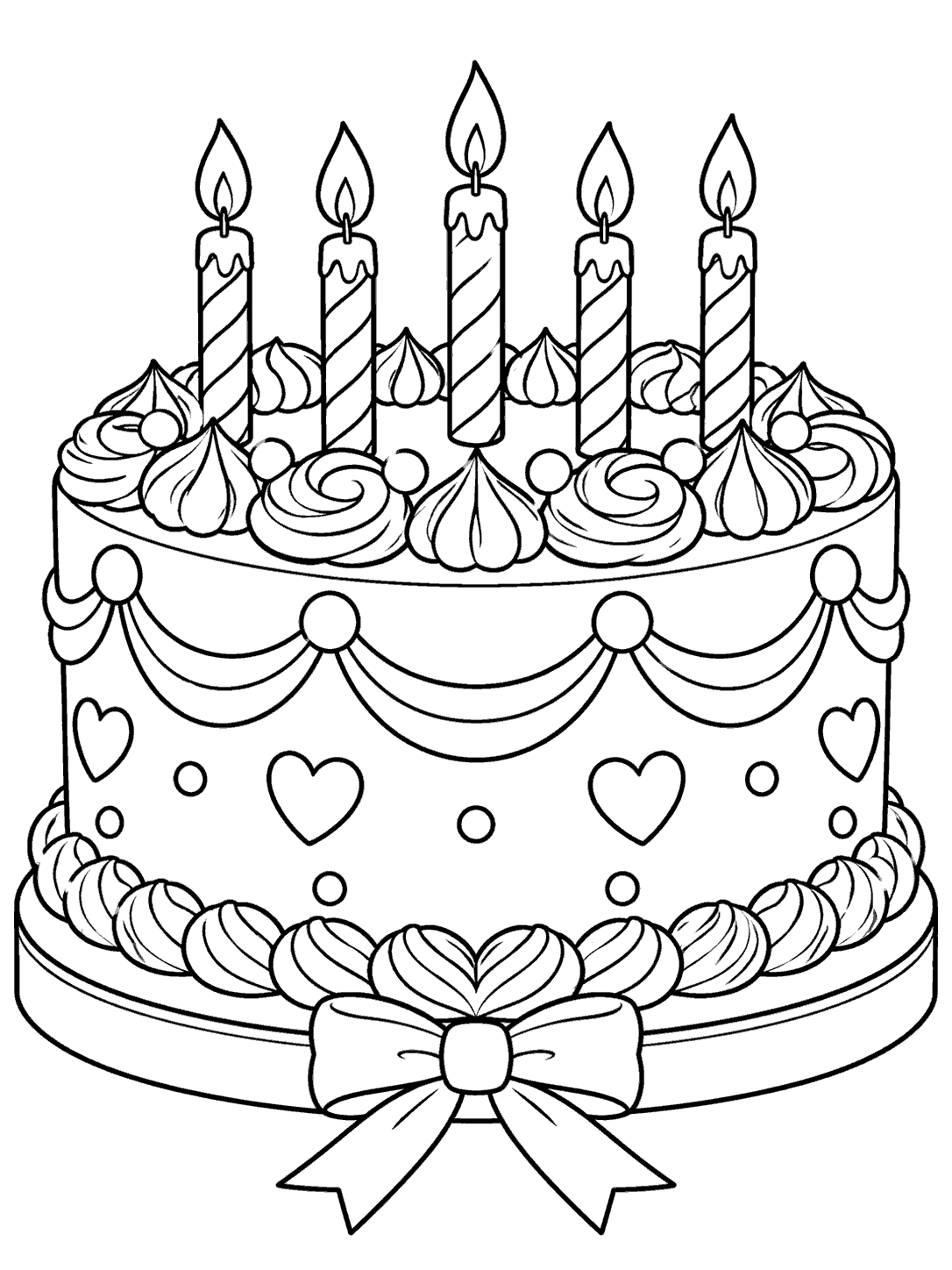 Round birthday cake with five candles and piped frosting