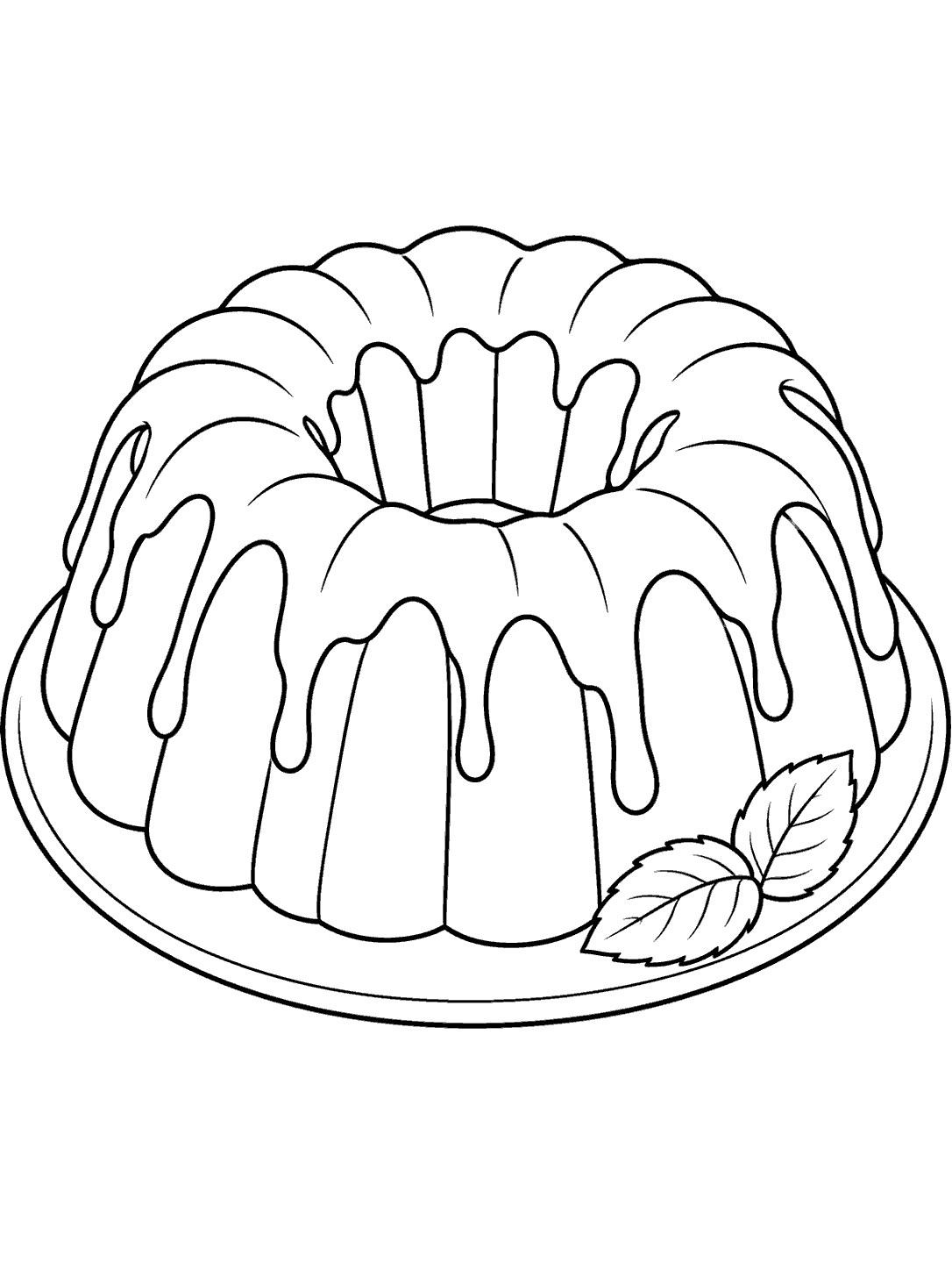 Fluted bundt cake with icing drizzle and two leaves on a plate