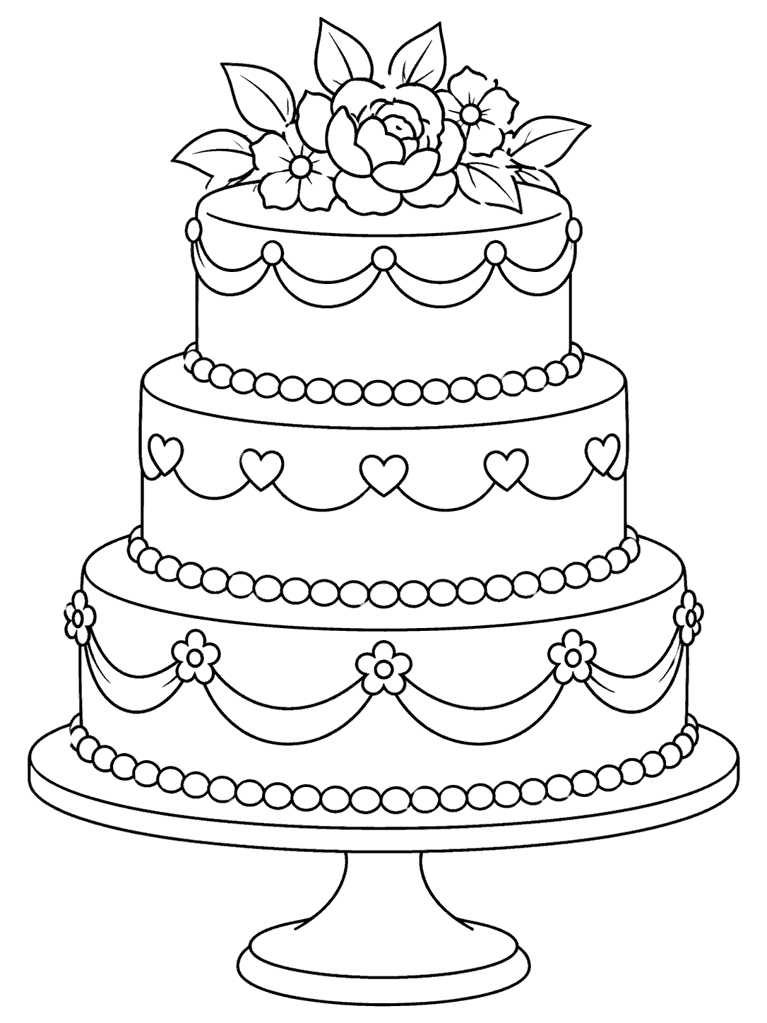 Three-tier celebration cake with scalloped trim and floral topper