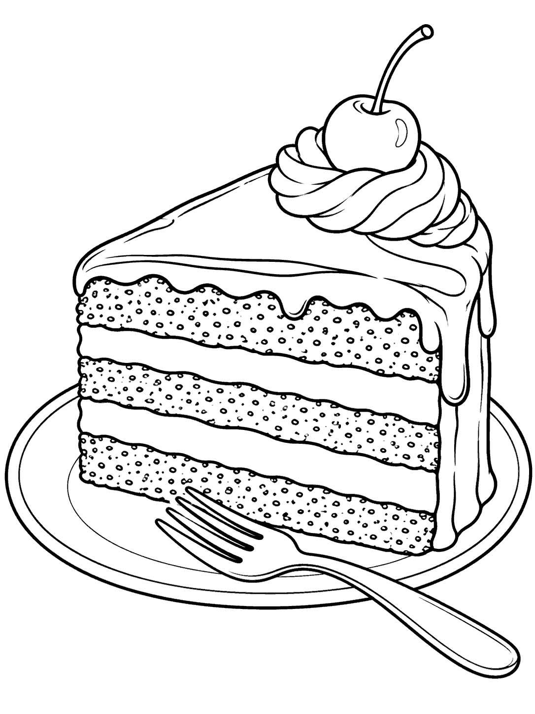 Layered cake slice with a cherry and fork on a dessert plate