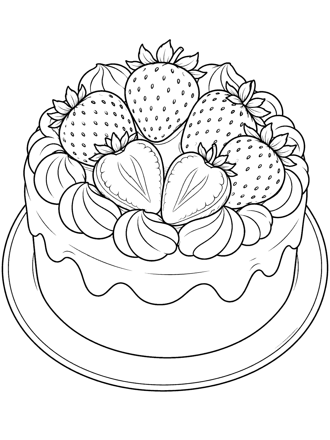 Round frosted cake on a serving plate, topped with whole strawberries and two strawberry halves