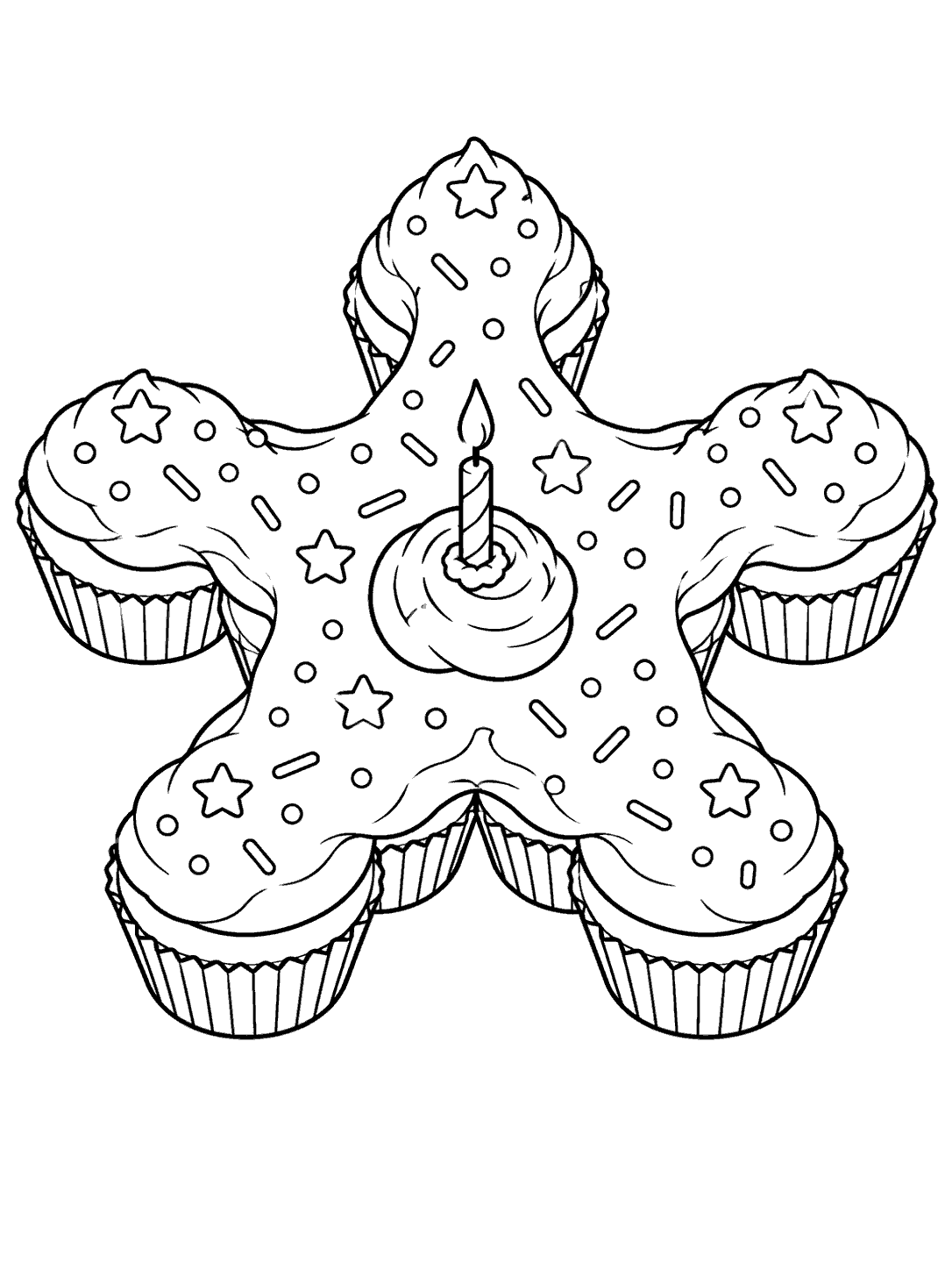Black-and-white coloring page of a star-shaped pull-apart cupcake cake with a central candle