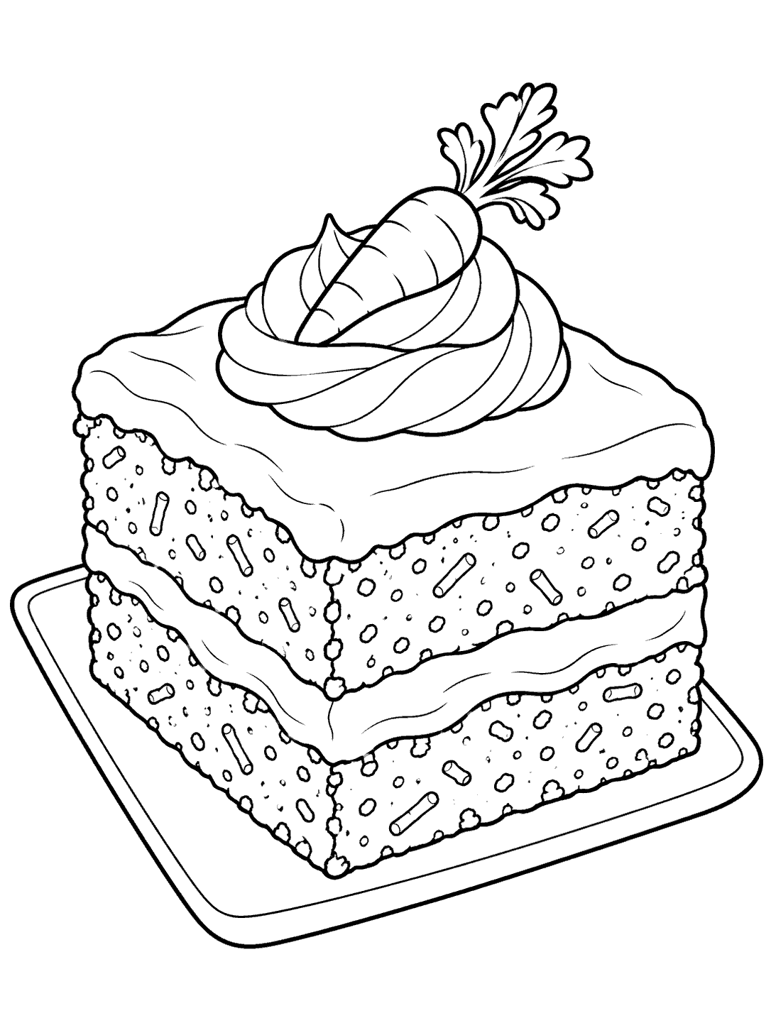 Square carrot cake on a rectangular plate, topped with a frosting swirl and carrot garnish.