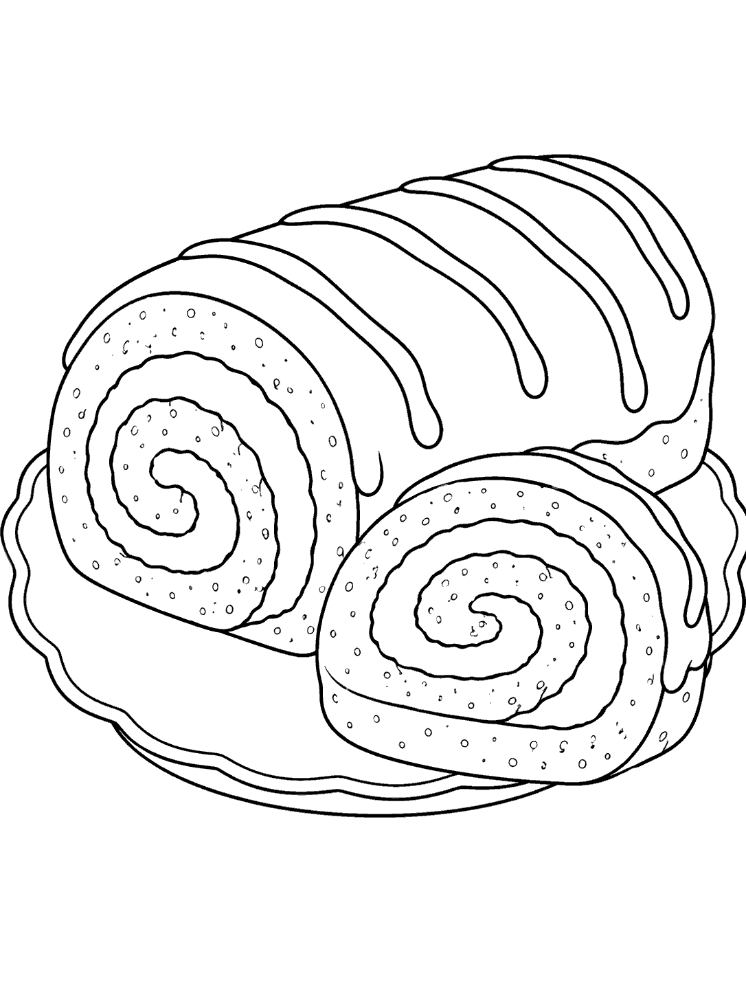 Swiss roll cake log with icing lines and a prominent spiral slice on a plate
