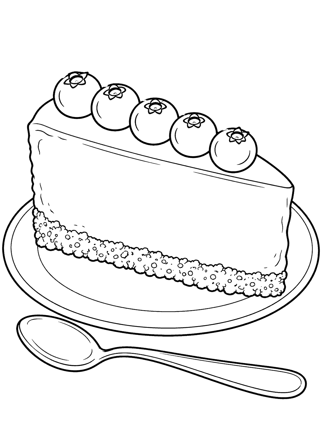 Large cheesecake wedge with crumb crust, five blueberries, plate, and teaspoon in black line art