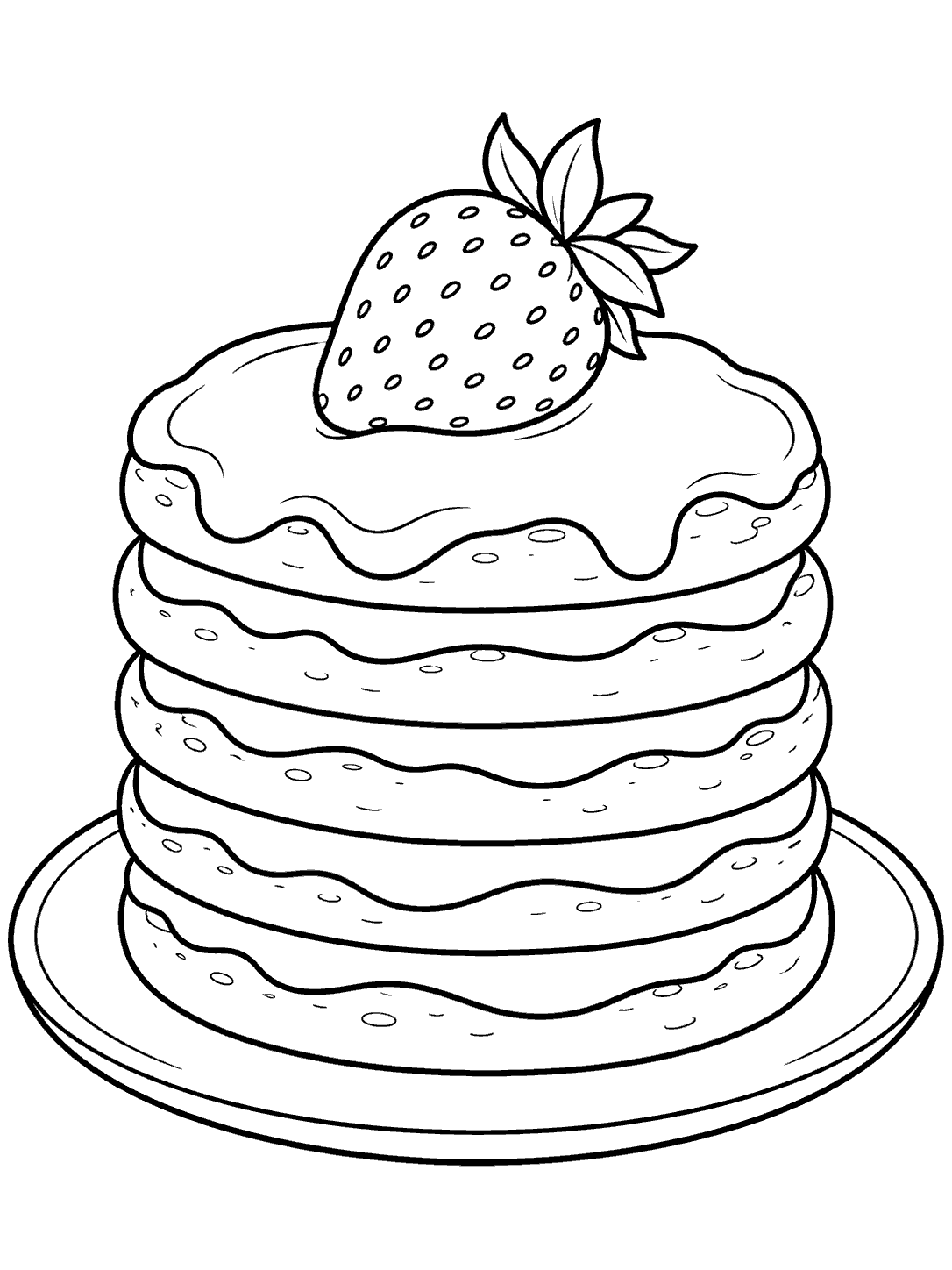 A six-layer mini pancake cake with frosting and a strawberry on a plain plate