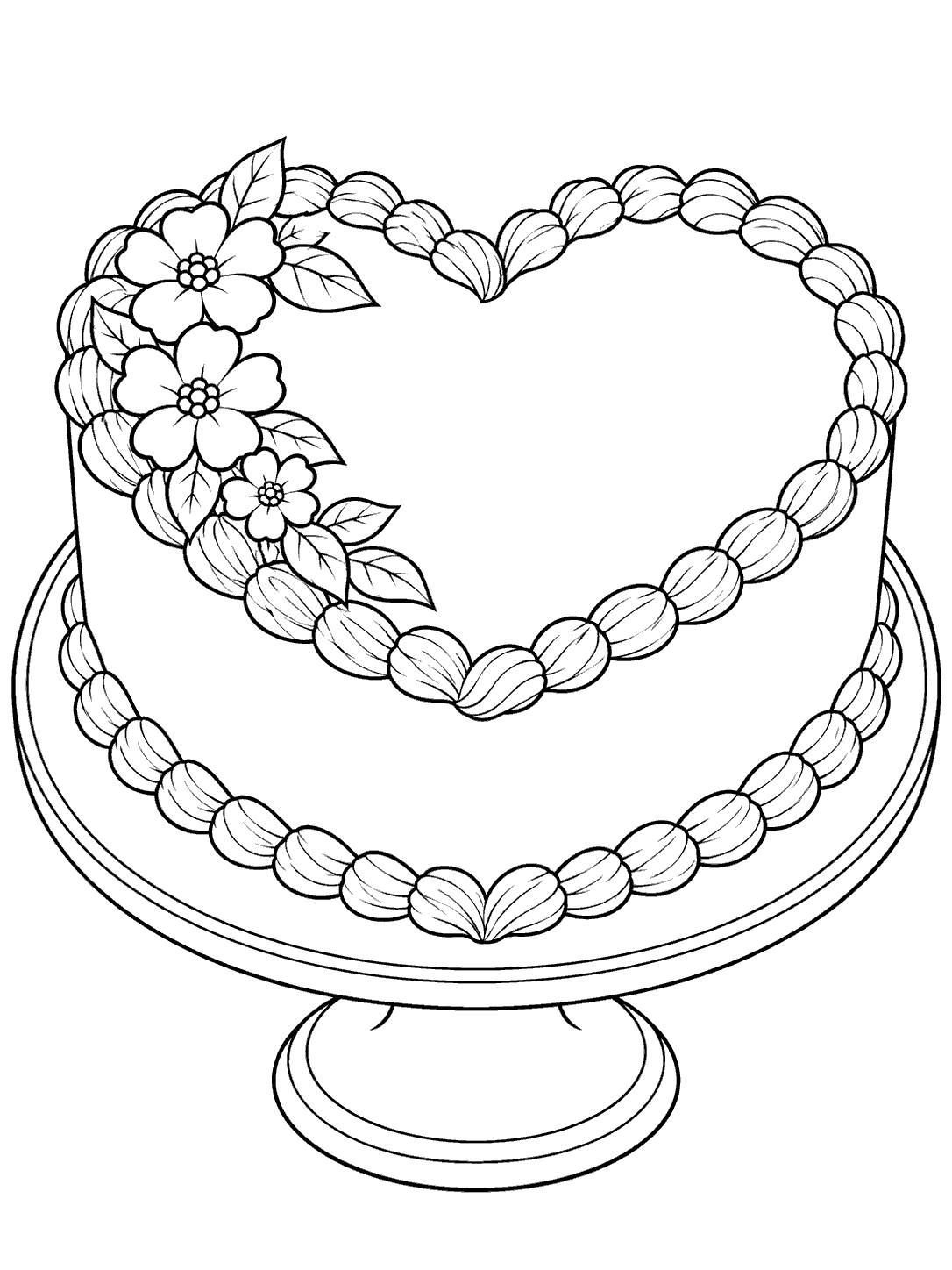 Large heart-shaped cake with blossoms and leaves along one side, piped frosting borders, and a round cake stand.