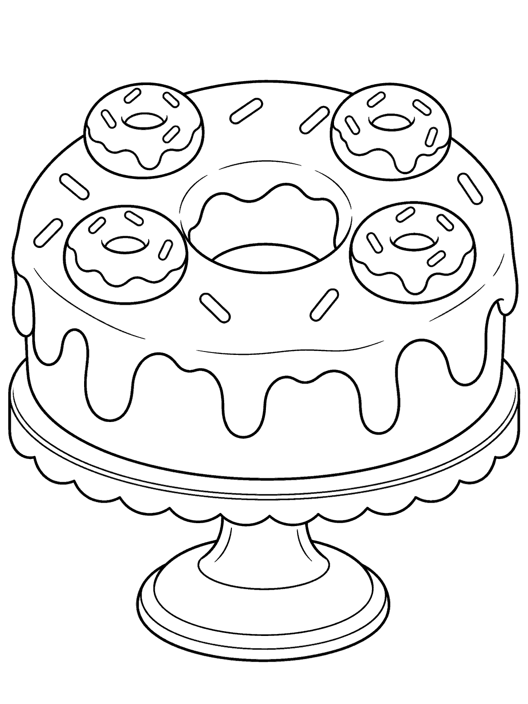 Large ring-shaped cake with four doughnut toppers on a pedestal stand