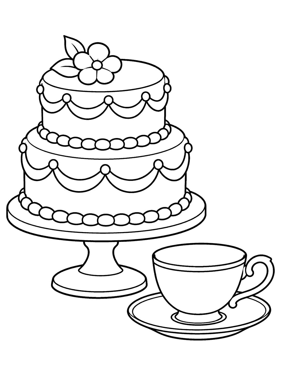 Two-layer cake with curved icing and a flower on a stand beside a blank teacup and saucer