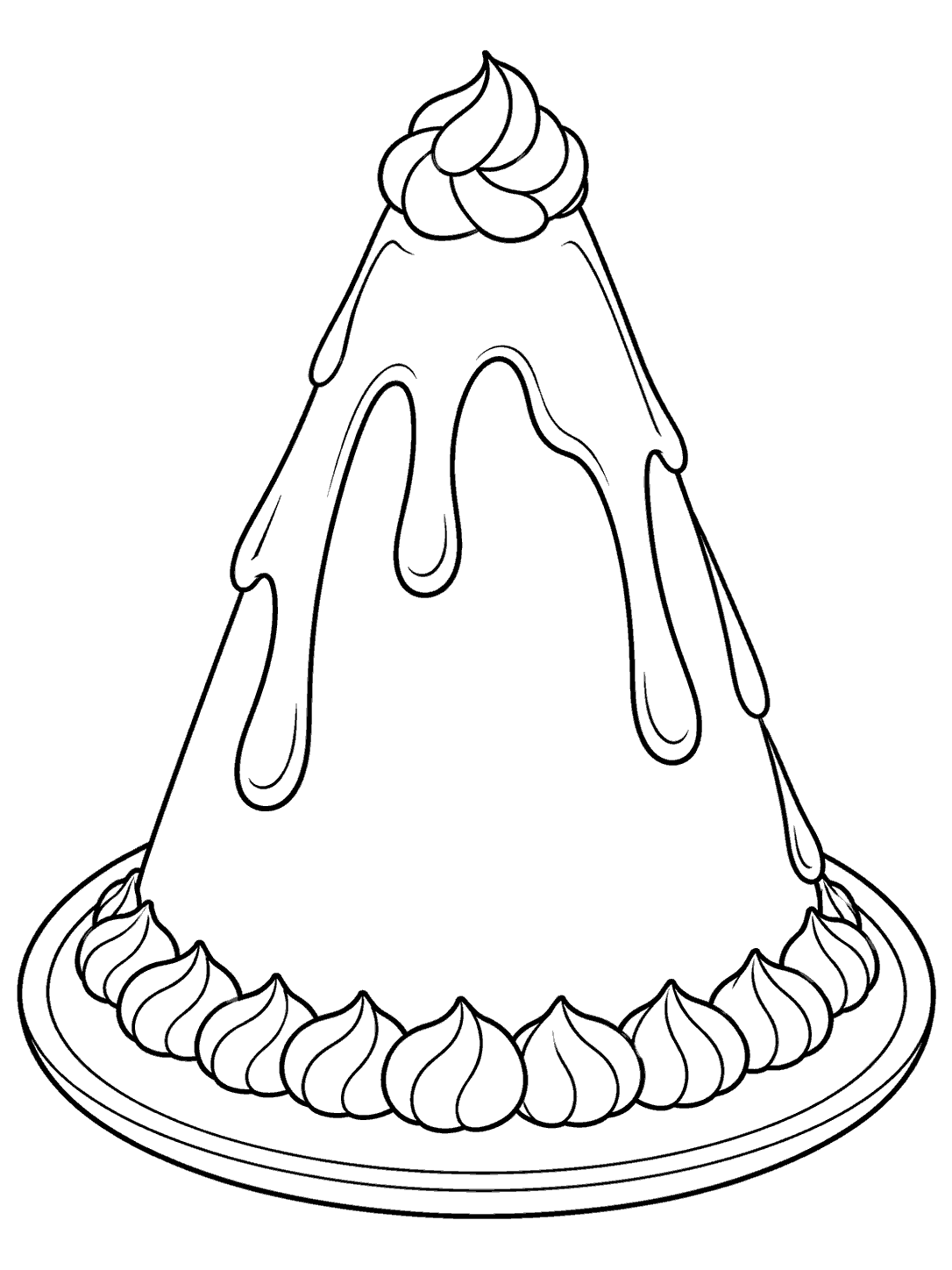 Cone-shaped cake with chocolate drips, peak frosting, and a piped border on a round plate