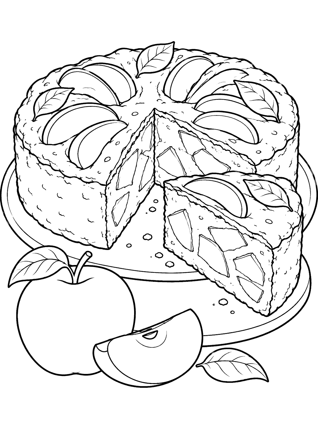 Black and white line drawing of a rustic apple cake with a cut slice, apple pieces, leaves, and apple fruit in front.