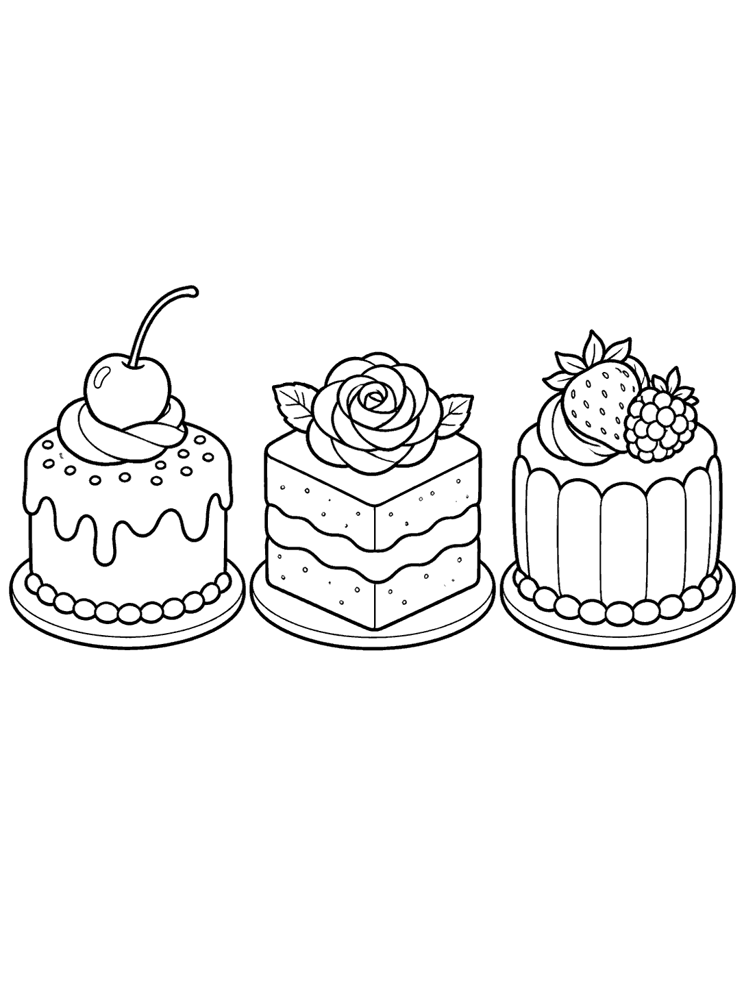 Black line art of three different cakes on tiny plates: a round cake with a cherry, a square cake topped with a rosette, and a tall cake with two berries.