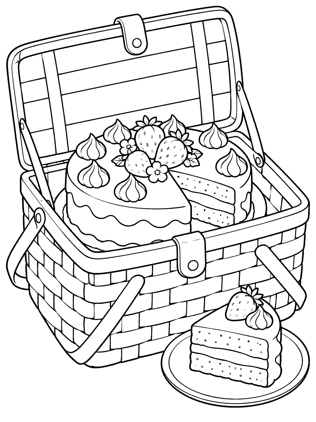 Decorated round cake in an open picnic basket with a separate slice on a plate