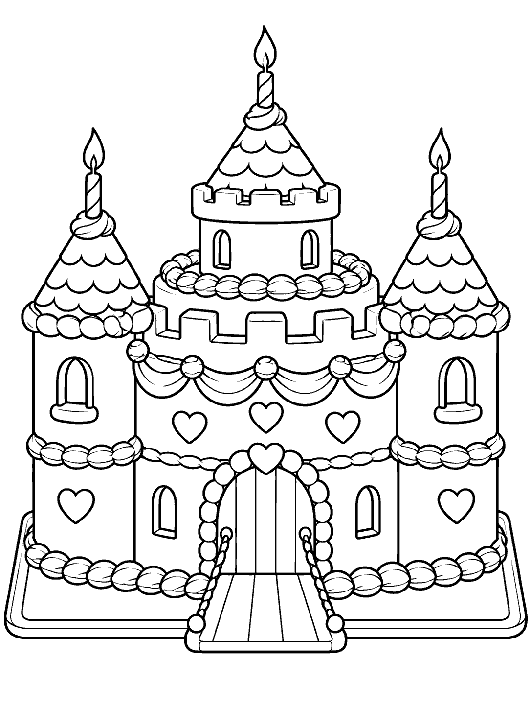 Whimsical castle-shaped cake with a central keep, two side towers, four candles, and a drawbridge