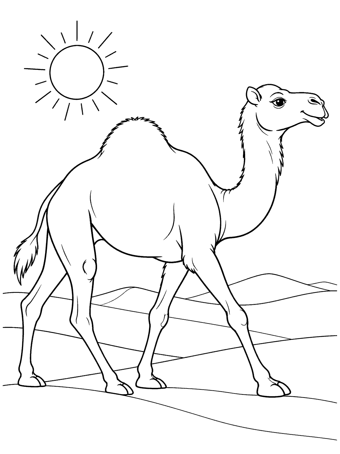 One-humped camel walking across desert dunes beneath the sun coloring page