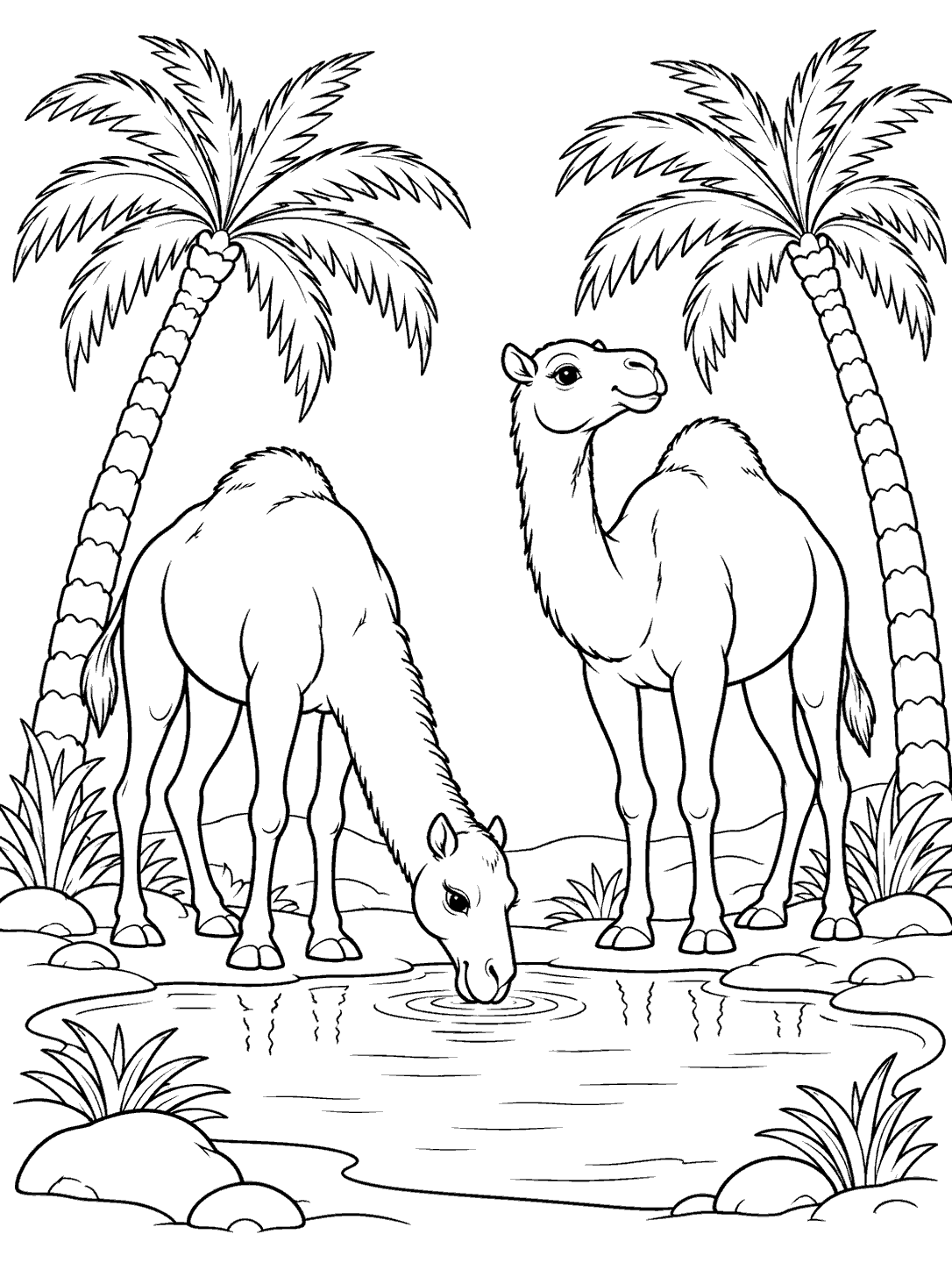 Two camels beside a palm-lined oasis coloring page