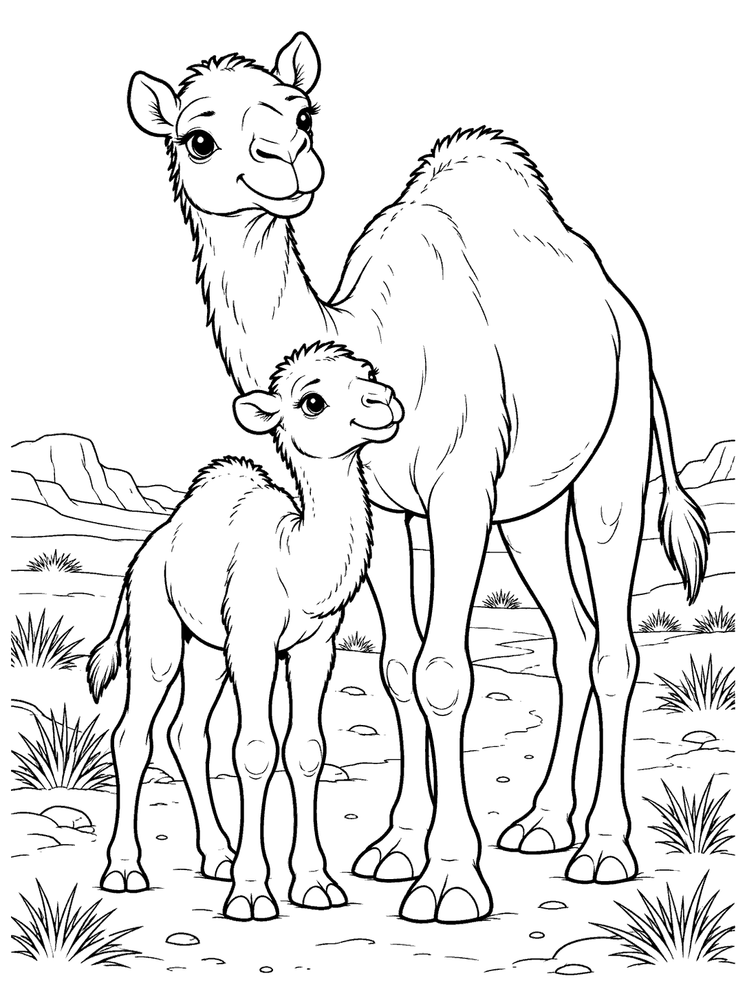 Baby camel standing beside its mother on a desert path coloring page