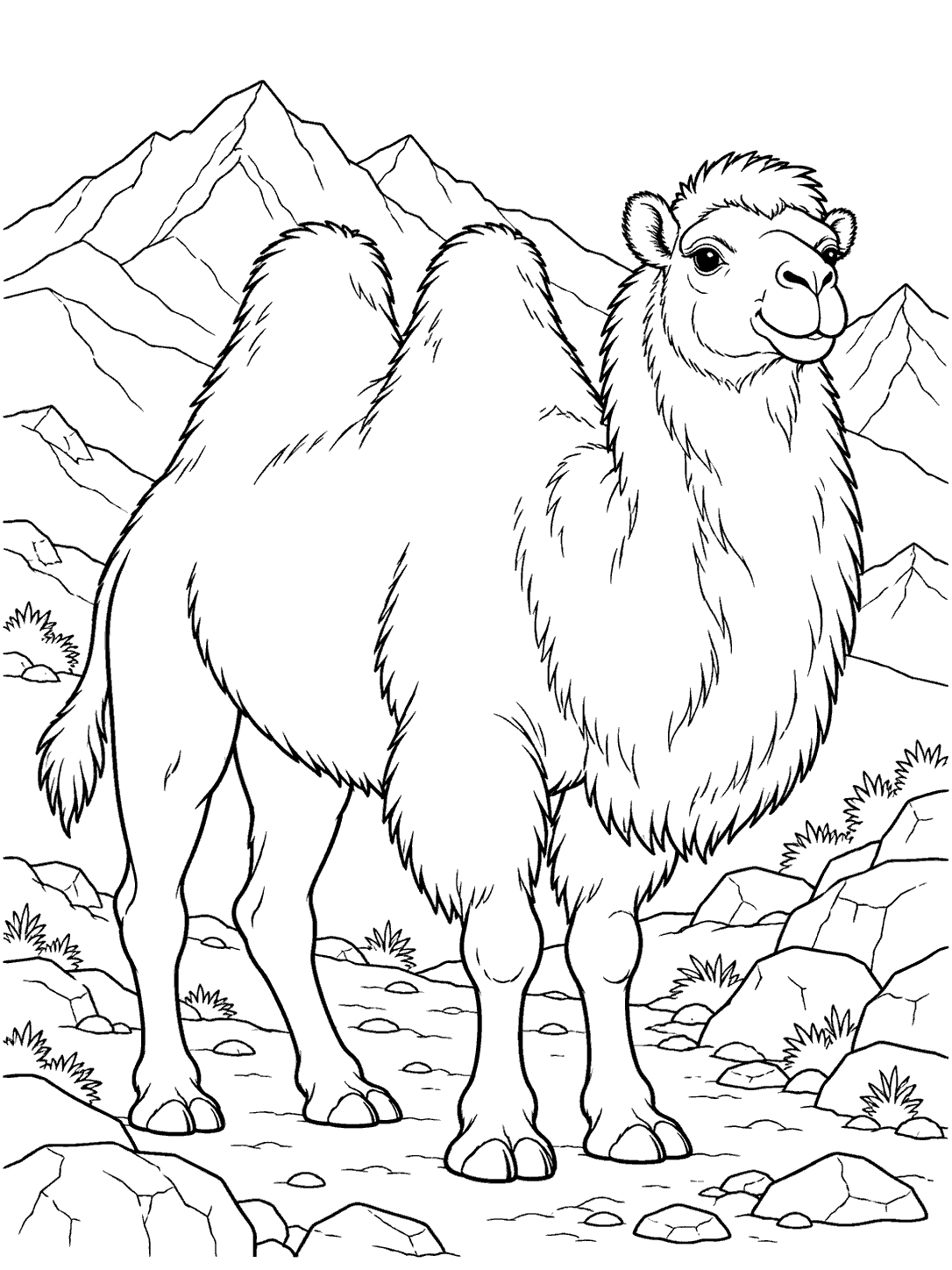 Two-humped Bactrian camel with mountain scenery coloring page