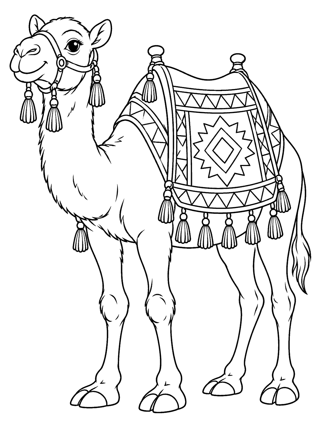 Standing camel coloring page with a patterned saddle blanket and tassel headpiece