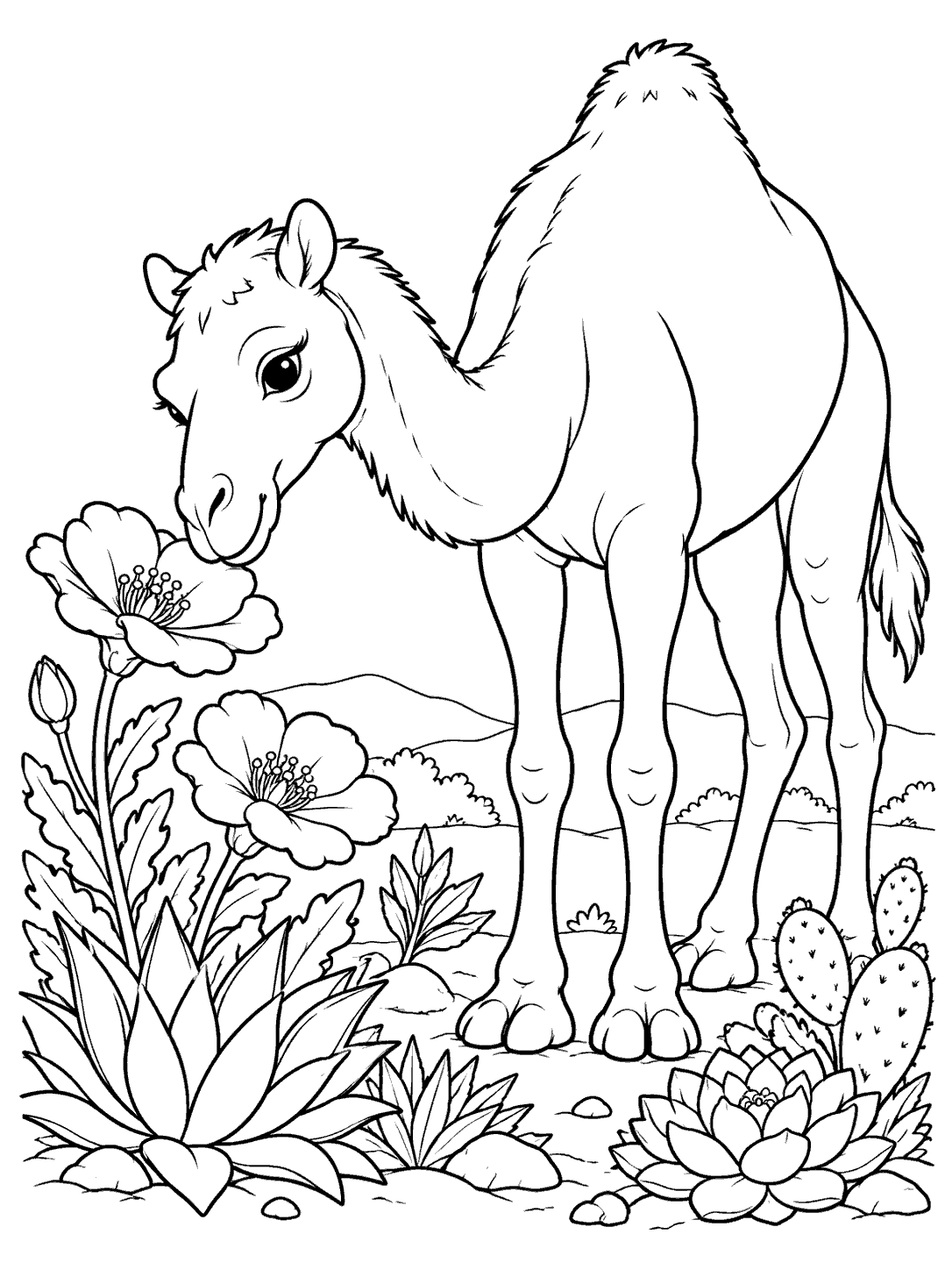 A camel bending to sniff desert flowers amid succulents in a black-and-white coloring page.