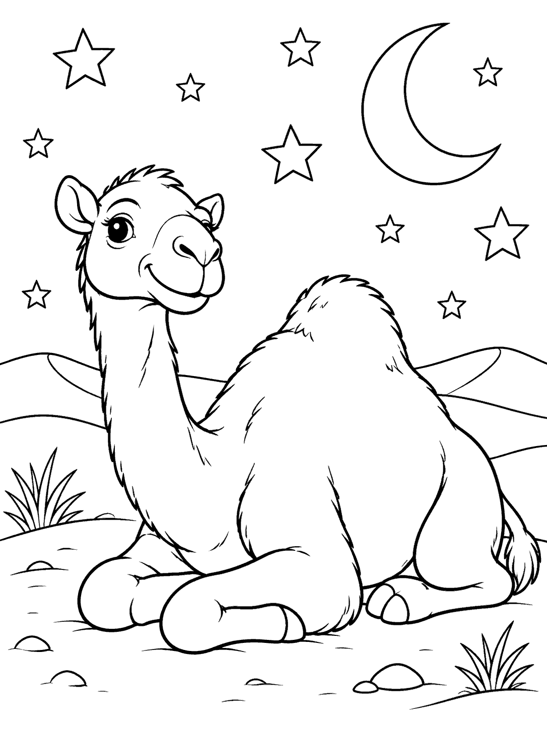 Seated camel resting on a dune beneath a crescent moon and outlined stars coloring page