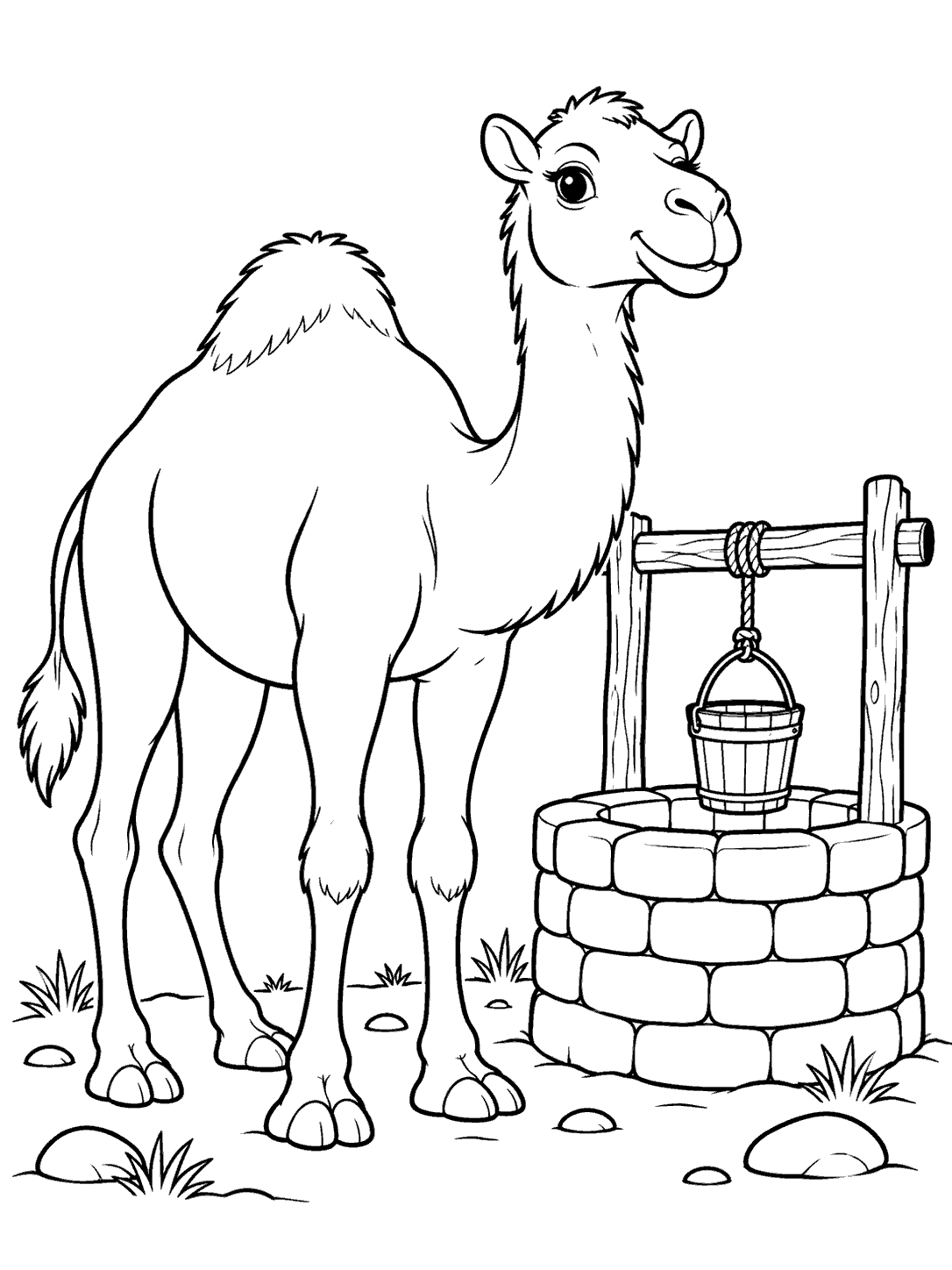 Portrait black-and-white camel coloring page showing a standing camel beside a circular stone well and suspended bucket.