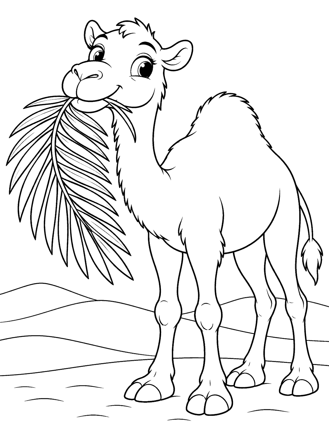 Friendly single-humped camel carrying a large palm leaf across simple dunes coloring page