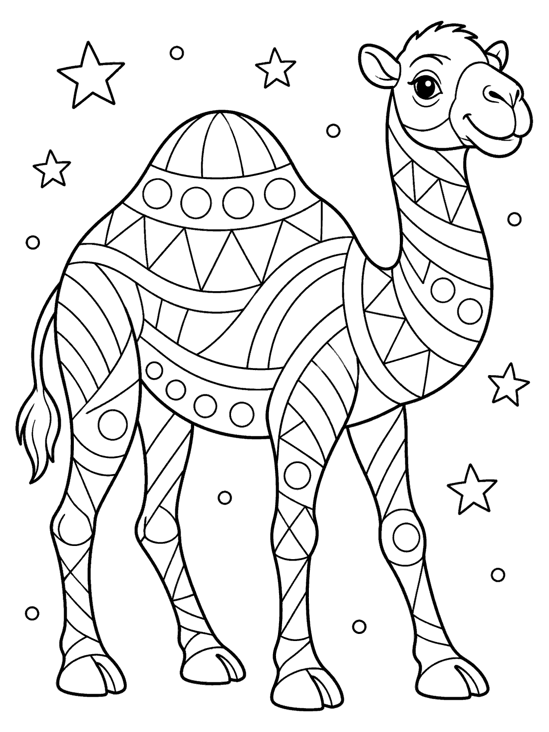 A large camel with a geometric pattern, surrounded by outlined stars and dots, on a coloring page.