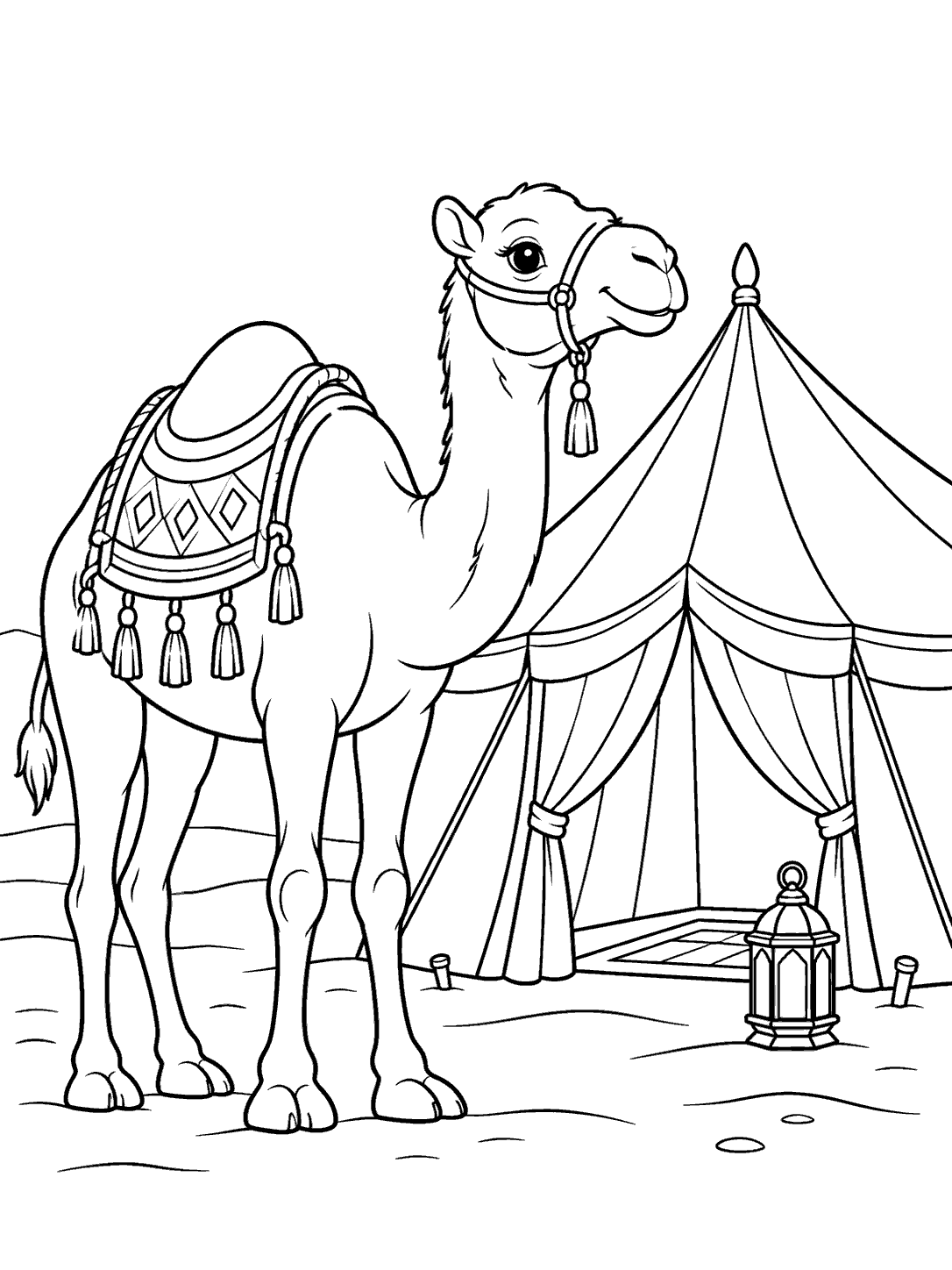 Camel beside a desert tent coloring page