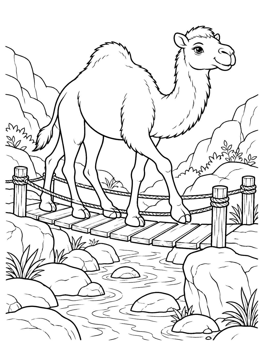 Camel crossing a small rope-and-plank bridge over a rocky stream in a coloring page.