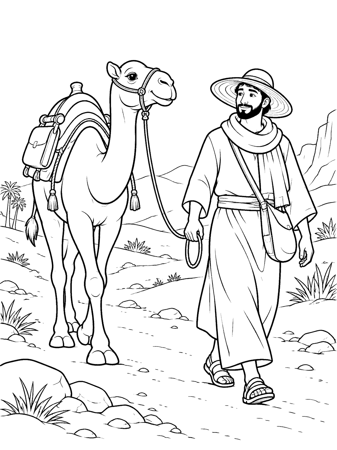 Black-and-white coloring page of a sun-hatted traveler leading a camel across a rocky desert trail.