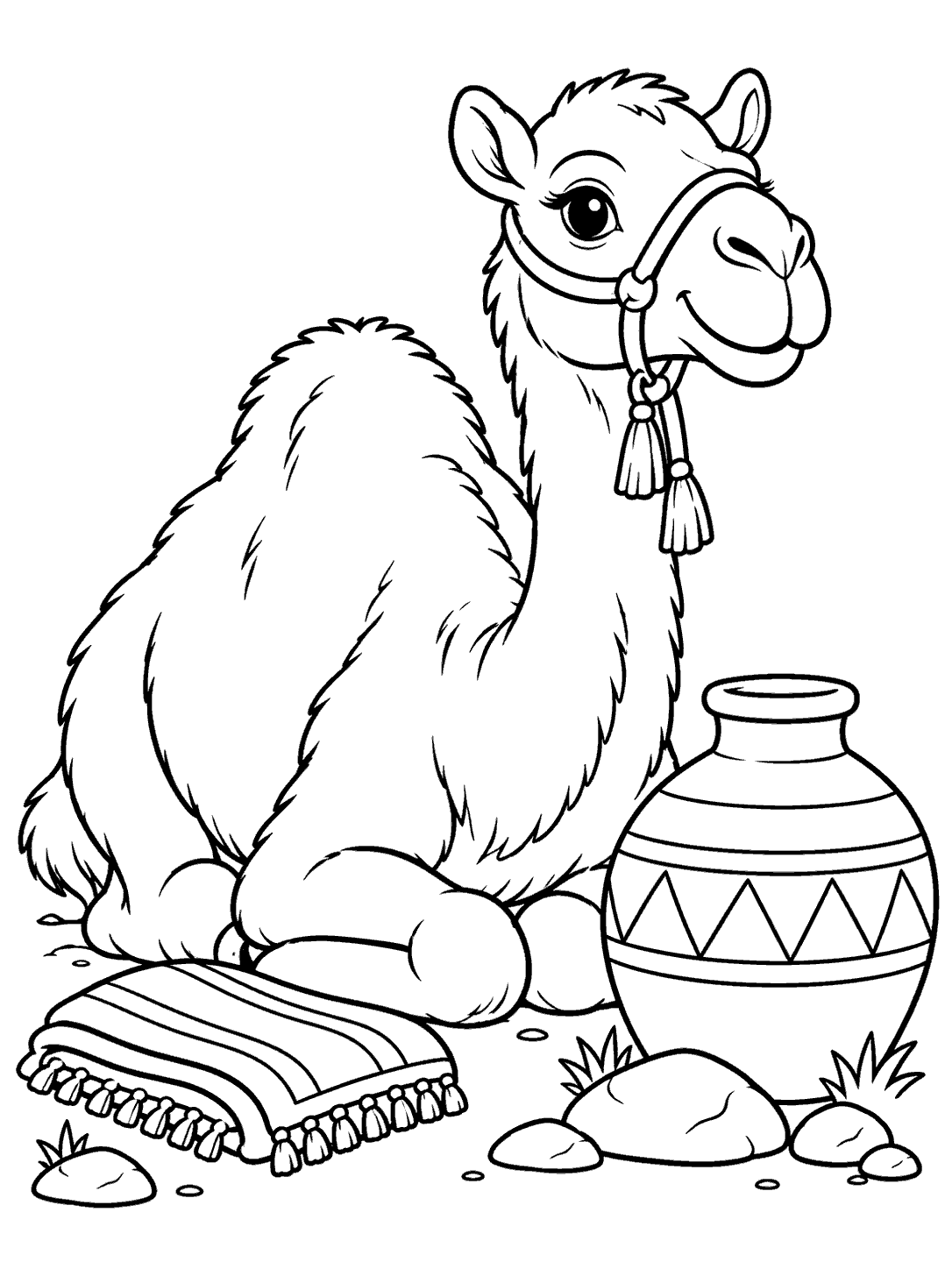 Seated camel beside a patterned water jug, folded cloth, and stones coloring page